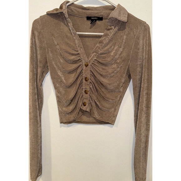 Forever 21 Long Sleeved Button Down Ruffled Gold Sparkle Crop Top - Picture 8 of 16